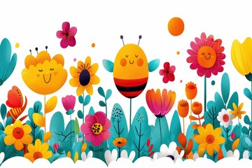 Cute Bee and Flowers Seamless Pattern