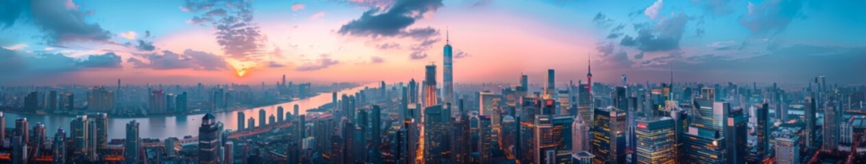 Panoramic City Skyline at Dusk, Towering Skyscrapers Below Bustling Streets Bathed in the Soft Hue of Twilight