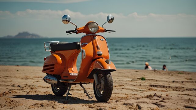 Orange retro parked on a sandy beach in Italy during sunny summer holidays.