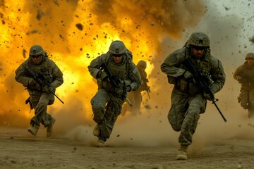 Troops sprint from an explosion, showcasing bravery amidst a chaotic battlefield