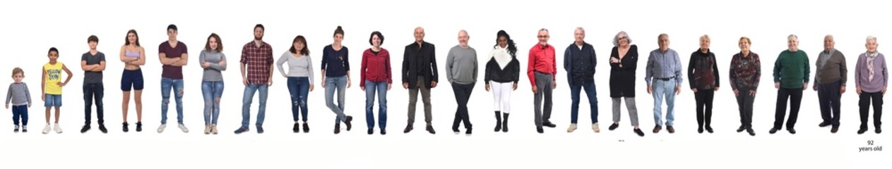 Obraz premium line of group of people of different ages from a child to an elderly woman on white background
