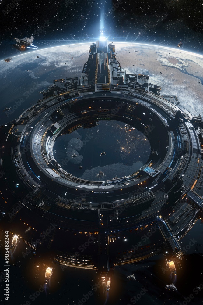 Poster futuristic space station orbiting earth with multiple spaceships