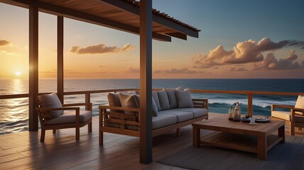 Fototapeta premium Patio with furniture and beautiful ocean sunset views. Photorealistic. Summer holidays and vacation concept.