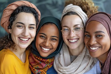 Fototapeta premium Four women wearing scarves and smiling for the camera.