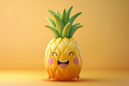 Smiling pineapple cartoon character in 3D style, with a spiky crown and a golden-yellow bod , generated by ai