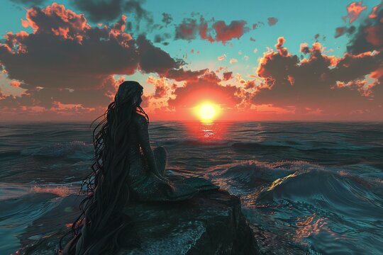 Selkie with a graceful form and a shimmering coat sitting on a coastal rock, with ocean waves and a setting sun , generated by ai