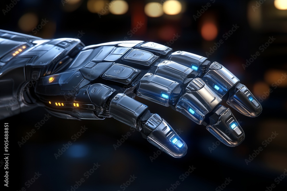 Poster cybernetic hand with blue illuminated fingertips displaying advanced sensory and interactive capabil