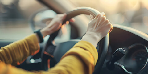 Woman Holding Steering Wheel While Driving in the City. Focused on Road Safety in an Urban Environment. Navigating Traffic with Care and Responsibility.