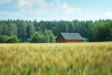 Fototapeta premium Tilt-shift Farm landscape wheat field on countryside with wooden barn at forest