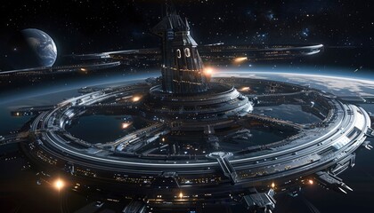 Futuristic Space Station Orbiting a Planet
