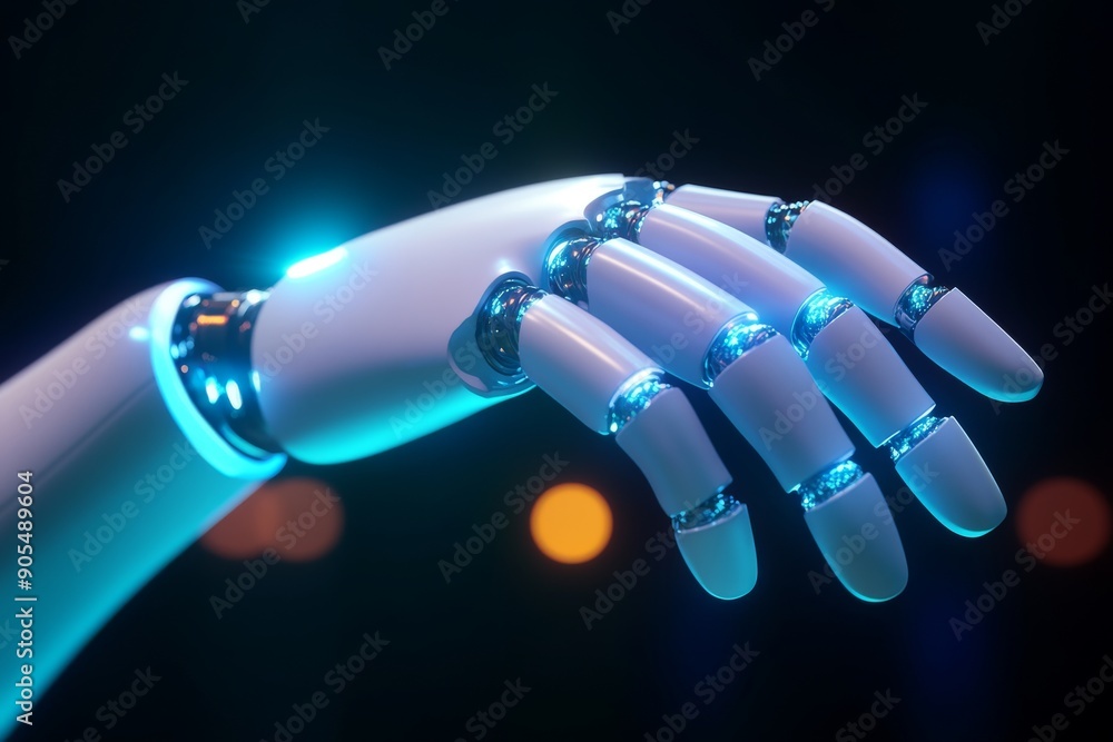 Poster illuminated robotic fingers reaching out showcasing advanced tactile responses and interactive techn