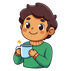 A Cartoon Boy Smiling While Holding a Mug of Hot Beverage