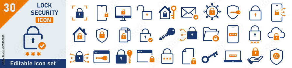 Poster security icon set. set of 30 outline icons related to security business. linear icon collection. loc
