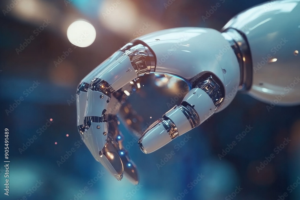 Poster blue and white robotic arm in motion exemplifying fluid mechanics and responsive technology in autom