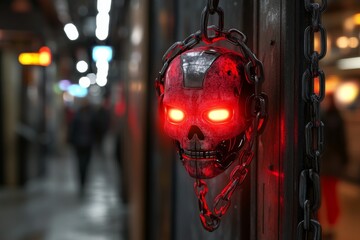 Sinister red robotic eye glowing ominously symbolizing surveillance and intense data processing capabilities.