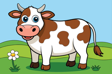A full-length cow standing in a meadow eating grass art vector