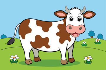 A full-length cow standing in a meadow eating grass art vector