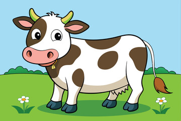A full-length cow standing in a meadow eating grass art vector