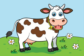 A full-length cow standing in a meadow eating grass art vector
