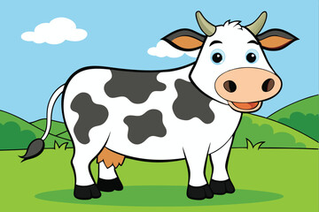A full-length cow standing in a meadow eating grass art vector