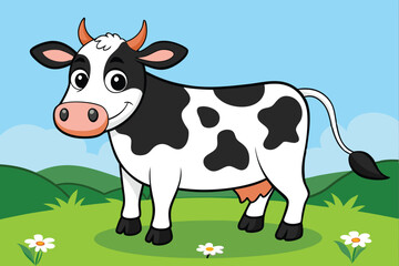 A full-length cow standing in a meadow eating grass art vector