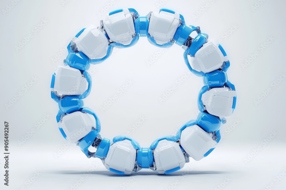 Poster circular array of blue robotic elements symbolizing unity and precision in robotic engineering and d