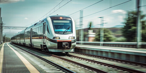 Naklejka premium A modern high-speed train. The train is depicted against a sunset background, conveying movement and speed
