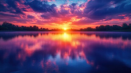 Naklejka premium Beautiful sunrise over a serene lake, reflecting vibrant colors on the water's surface.