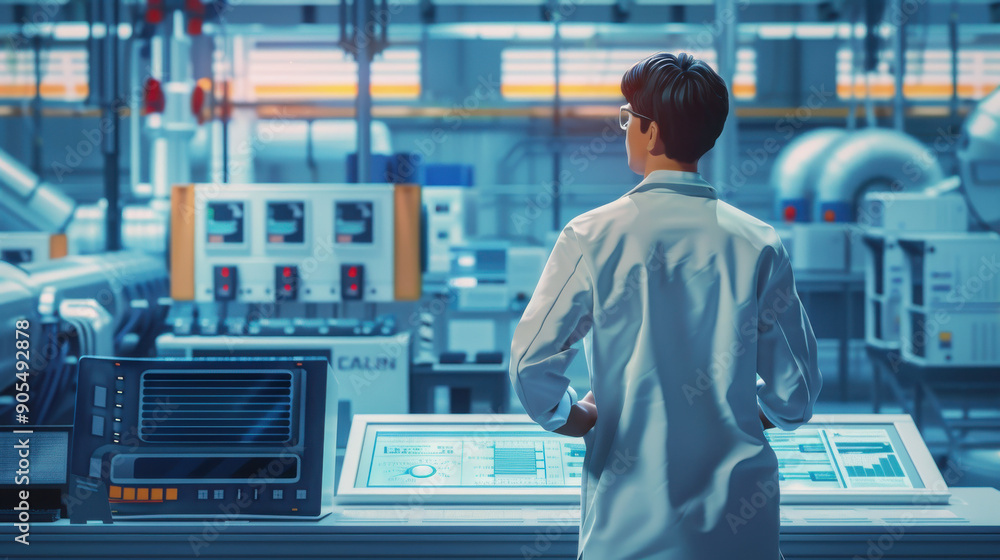 Poster businessman guaranteeing quality control and certification in an automated process environment