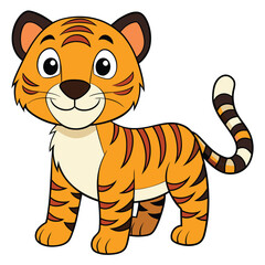 Obraz premium Cartoon illustration of a friendly orange and black striped tiger with big eyes and a smile