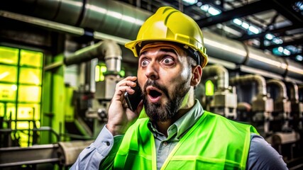 A construction worker in a yellow hard hat and green vest is on the phone in a factory or industrial setting. His surprised expression suggests he has received unexpected news. The image symbolizes co