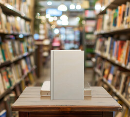Book cover mock up: frontal presentation of  hardcover book  on the table to personalize for advertising in a literary background