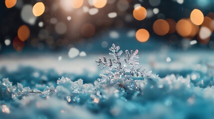 A delicate snowflake rests on soft snow, illuminated by warm bokeh lights, capturing the beauty of winter's magic.