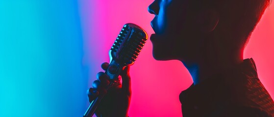 A dramatic silhouette of a singer passionately performing into a vintage microphone under colorful stage lights.
