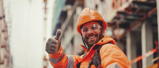 A happy construction worker in an orange safety suit giving a thumbs up on a job site, showcasing enthusiasm and dedication.