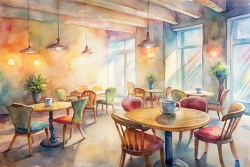 Fototapeta premium Cozy cafe setting with empty chairs and cups, evoking a sense of joyful gatherings, warm atmosphere, and lively friendships in a modern social hub.
