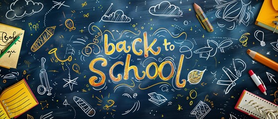 Modern Education Fusion "Back to School" Artistic Blackboard with Traditional and Digital Learning Tools