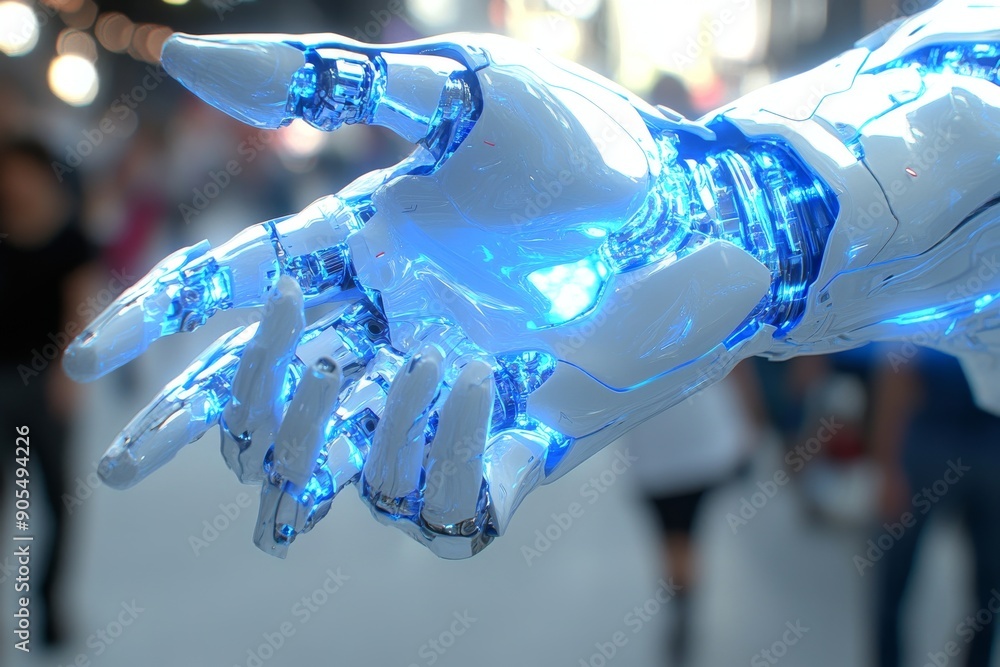 Poster illuminated blue robotic hand exemplifying high-tech innovation and light-based interaction