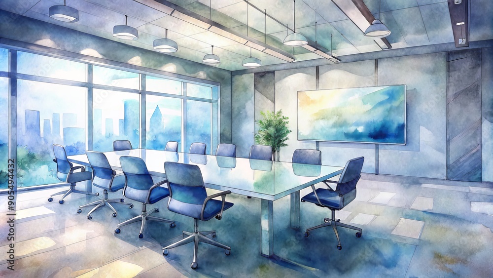 Poster modern office with empty chairs and desks surrounding a large screen displaying a virtual meeting, a