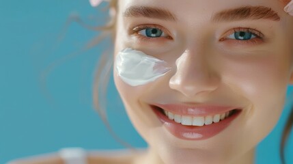 Beautiful woman smile use cream for good skin. face of a healthy woman apply cream and makeup. Advertisement for skin cream, anti-wrinkle, baby face, whitening, moisturizer, tighten pores.