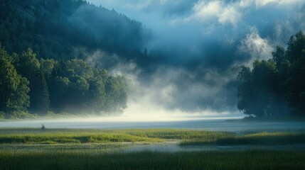 Fototapeta premium Fog and mist creating an ethereal and mysterious atmosphere in nature.