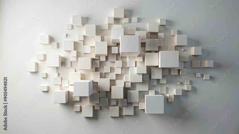 Poster a collection of white cubes arranged in a random pattern on a white background, symbolizing creativi