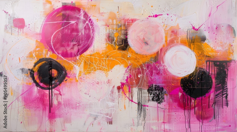 Poster vibrant and artistic abstract expression featuring splatters and circles in a colorful composition