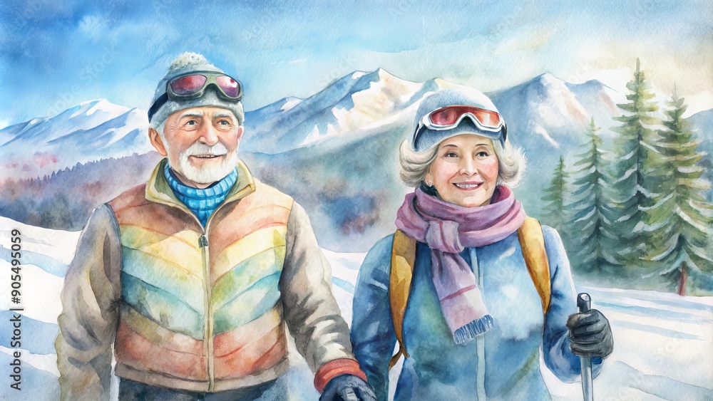 Wall mural Happy senior duo in ski gear, holding hands, smiling, and posing in a snowy resort setting with blurred mountainside, leaving ample space for creative text overlay.