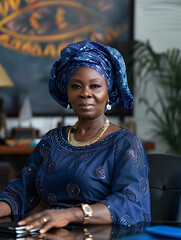 Middle age Nigerian businesswoman stylish royal blue dress intricate beadwork matching headwrap posing in office with African office decor