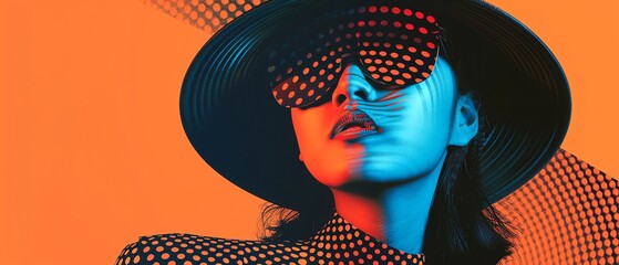 A stylish woman wearing bold sunglasses and a hat, featuring vibrant colors and abstract patterns, perfect for fashion and art themes.
