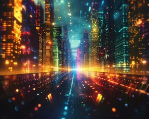Obraz premium Abstract colorful cityscape with digital effects, futuristic urban poster, vibrant city lights, SEO optimized, high resolution, commercial use