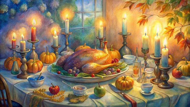 Vibrant dinner table setting with golden roasted turkey, steaming vegetables, and fine china, adorned with candles and autumnal decorations, evoking warmth and festive atmosphere.