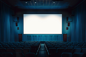 Obraz premium A movie theater with a blue screen and empty seats.