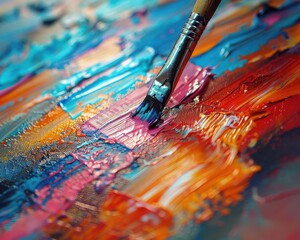 Fototapeta premium Detailed closeup of an artist painting with a fine brush, vibrant colors, texture of the canvas, artistic creation, meticulous technique, art studio, highdefinition